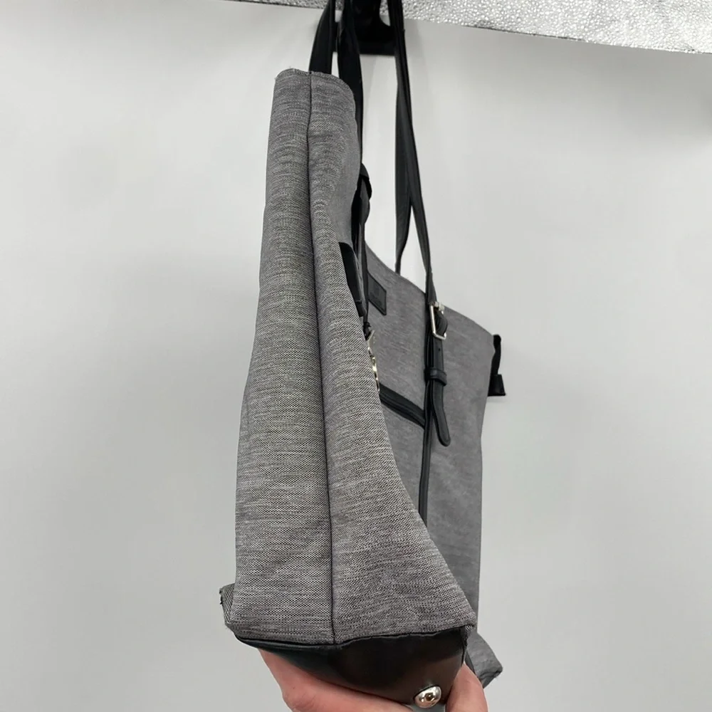 REIAVEL Gray Tote Bag Laptop Grey Canvas Black Leather USB Plug‎ Office Purse